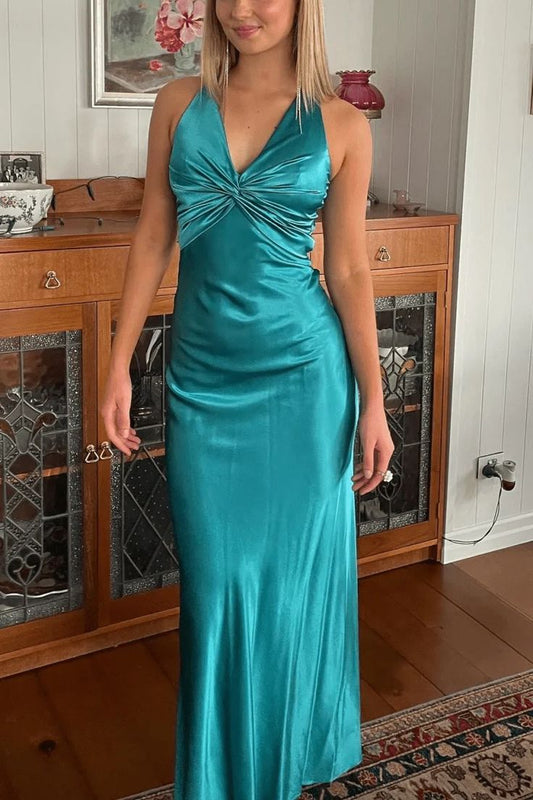 V-neck Turquoise Back Tie Sheath Long Prom Dresses Formal Party Dress Prom Gown AB1175