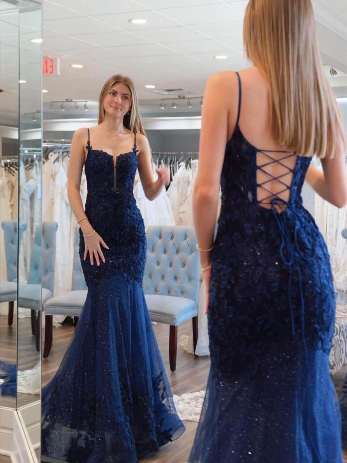 Trumpet/Mermaid Spaghetti Straps Sweep Train Lace Prom Dresses With Tulle Formal Dresses Prom Dress AB655