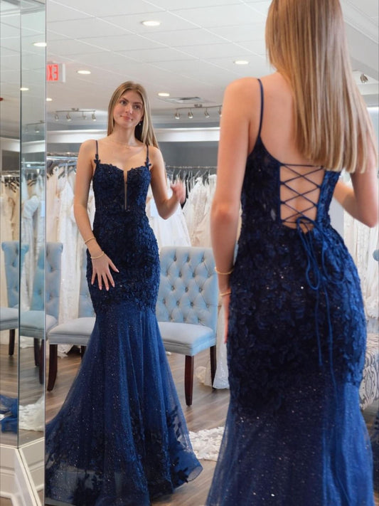 Trumpet/Mermaid Spaghetti Straps Sweep Train Lace Prom Dresses With Tulle Formal Dresses Prom Dress AB655