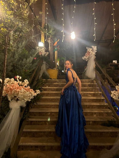 Custom Dark Blue Satin Corset Prom Dress Ruffle Princess Gown Elegant Evening Gowns with Slits AB652