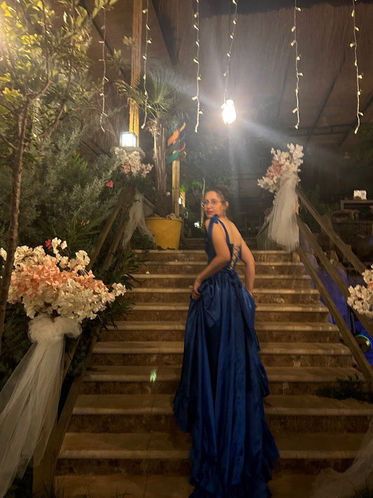 Custom Dark Blue Satin Corset Prom Dress Ruffle Princess Gown Elegant Evening Gowns with Slits AB652