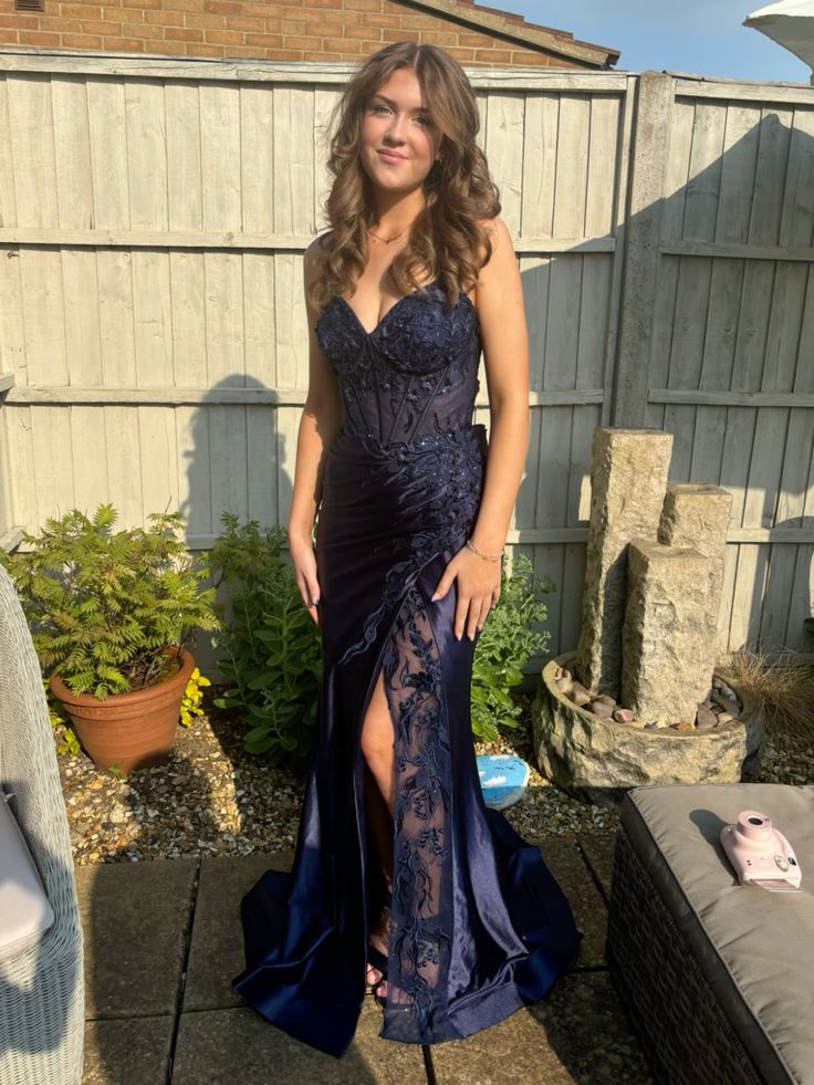 Sparkly Mermaid Spaghetti Straps Navy Blue Lace Long With Slit Evening Party Gowns Special Formal Dresses Prom Dress AB654