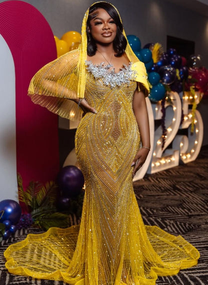 Modest Mermaid Strapless Yellow Sequins Prom Dresses Black Women Inspiration Long Party Night Evening Dress 18th Birthday Outfits AB2357