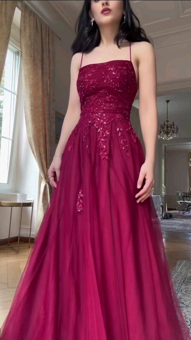 Spaghetti Strap A line Wedding Guest Dresses Tulle Lace Wine Red Burgundy Prom Formal Dresses AB1846