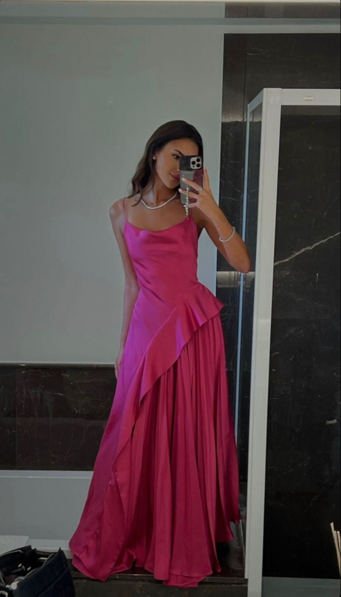 Princess A line Spaghetti Strap Hot Pink Satin Prom Dress Long Prom Gown AB206