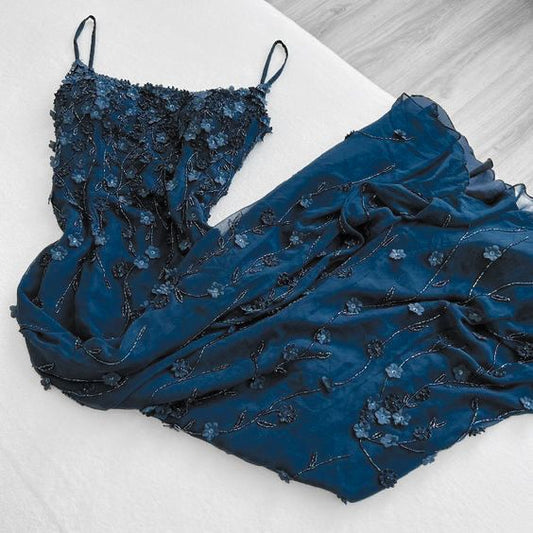 Vintage Mermaid Sleeveless Spaghetti Strap Navy Blue Floral Long Prom Dresses Aesthetic For Senior Teens Party Outfits Prom Gown AB1172