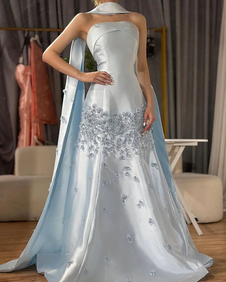 Cute Light Blue Floral Mermaid Prom Dresses Long Formal Party Dress Prom Gown AB1174