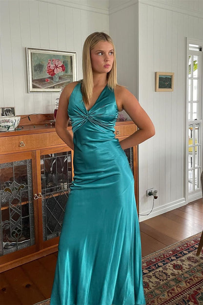 V-neck Turquoise Back Tie Sheath Long Prom Dresses Formal Party Dress Prom Gown AB1175