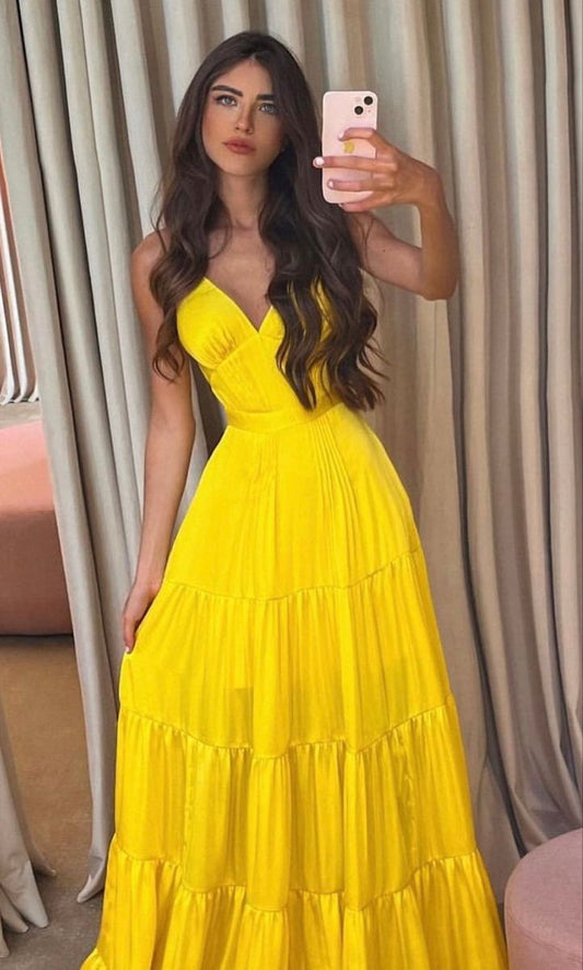 Modest A line Spaghetti Strap Yellow Satin Prom Dress Long Prom Gown AB207
