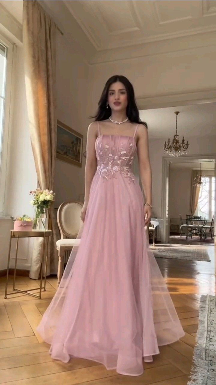 Elegant A line Spaghetti Strap Pink Tulle Prom Dresses For Teens Formal Dress Party Outfits Prom Gowns AB1050