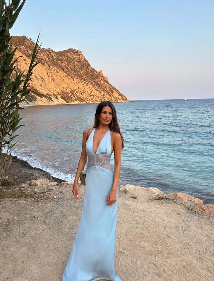 Simple Mermaid Halter Blue Backless Long Evening Summer Beach Black Tie Formal Dresses Spring Wedding Guest Dress N1389