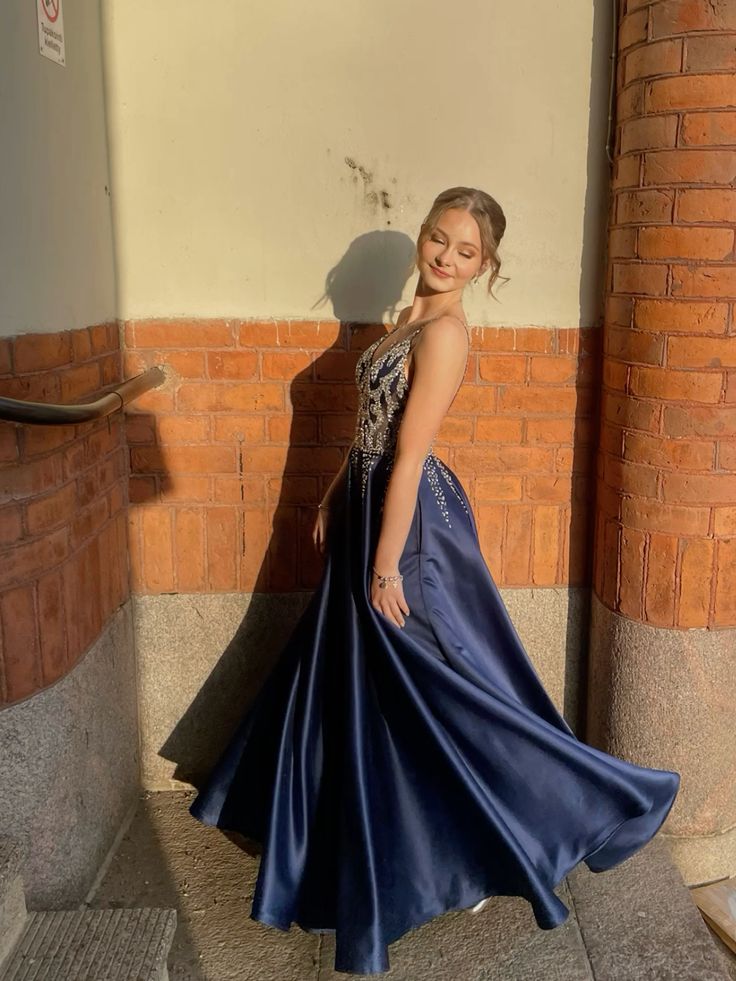 Special A Line V Neck Dark Navy Blue Satin Silver Beads Sequin Sleeveless Long Prom Dresses Inspo Prom Gown AB1029