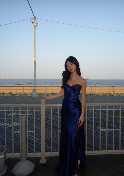 Special Sheath Strapless Dark Navy Blue Satin Beads Sequin Sleeveless Long Prom Dresses Inspo Prom Gown AB1030