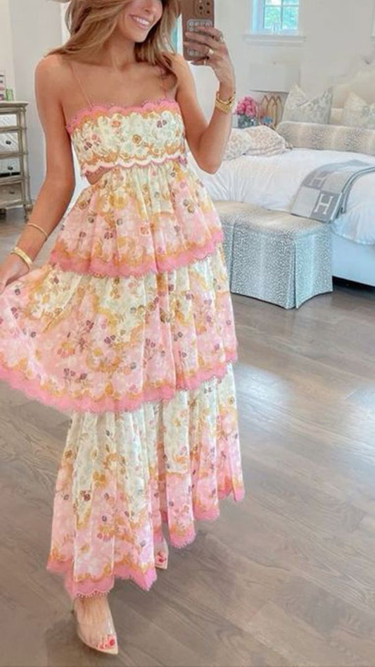Elegant A Line Spaghetti Straps Floral Print Ruffles Long Prom Dress Party Gowns AB486