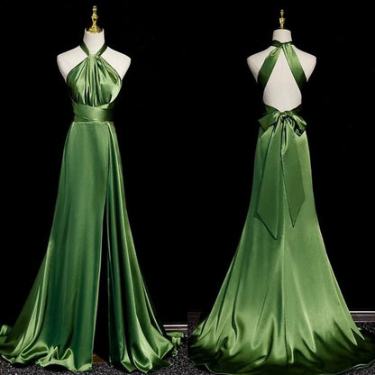 Simple A Line Halter Olive Green Satin Backless Long Prom Dresses Formal Party Dress Prom Gown AB1176