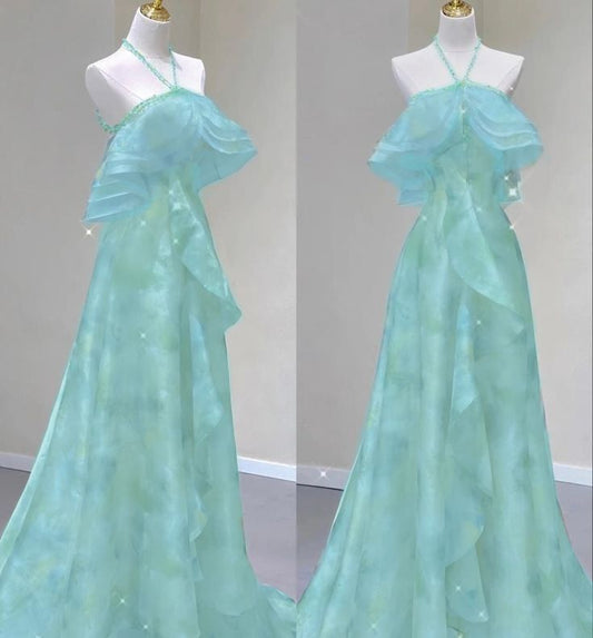 Classy A line Halter Green With Beading Ruffles Sleeveless Long Formal Dress Gown Prom Dresses N2540