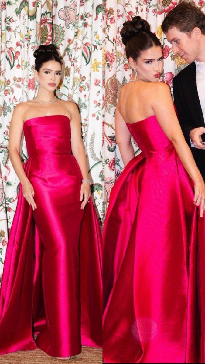 Elegant Sheath Prom Dresses Satin Pleated Ruffle Strapless Hot Pink Formal Evening Dress Party Gowns AB415