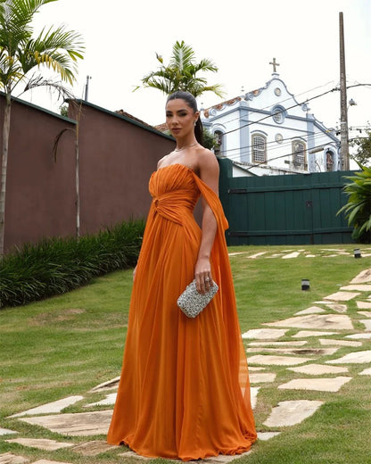 Customized Orange Off Shoulder Shawl Prom Dresses vestidos de noiva Draped Strapless Party Gowns AB421