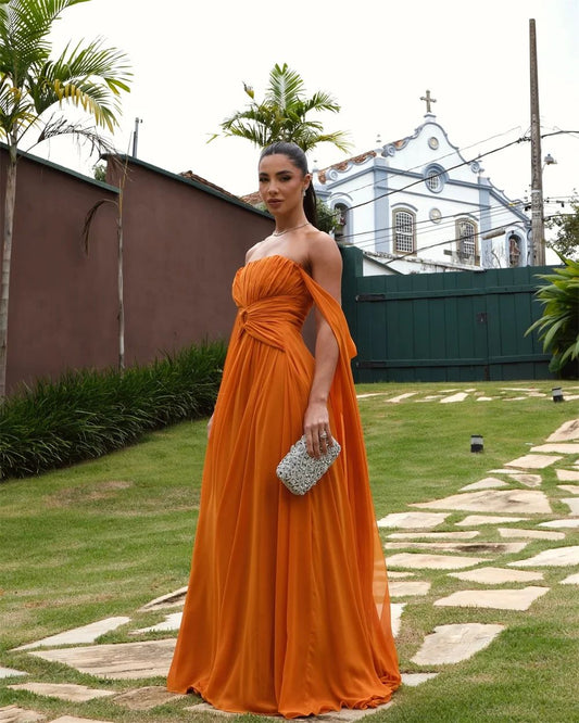 Customized Orange Off Shoulder Shawl Prom Dresses vestidos de noiva Draped Strapless Party Gowns AB421