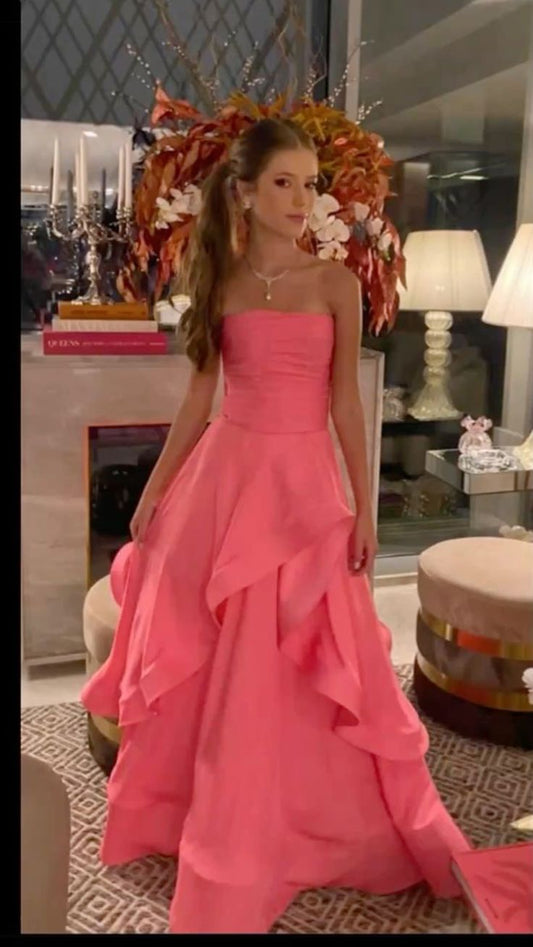Gorgeous Ball Gown Strapless Sleeveless Pink Satin Long Prom Dresses AB208