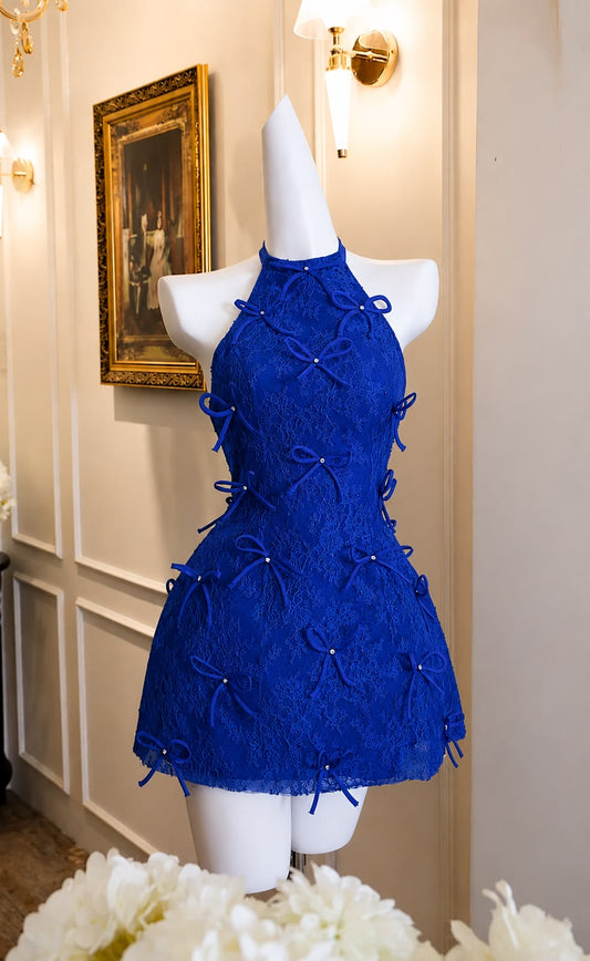 Cute Stunning Royal Blue Lace Mini Hoco Dress| Elegant 3D Flower Mini Party Dresses RB4159
