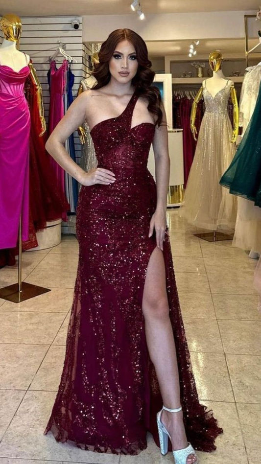 Glitter Burgundy One Shoulder Sequin Prom Dress Slit Sexy Party Dress AB611