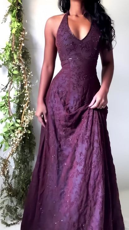 Vintage Mermaid Purple Lace Halter Prom Dresses Long Evening Party Dress Prom Gowns AB326