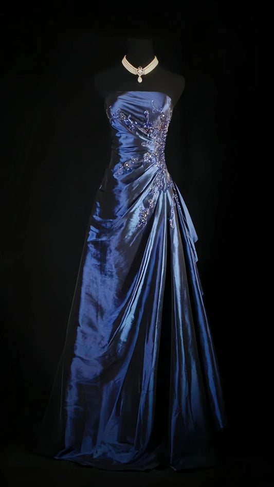 Stunning Navy Blue Strapless Beaded Long Prom Dresses Evening Formal Dress AB318