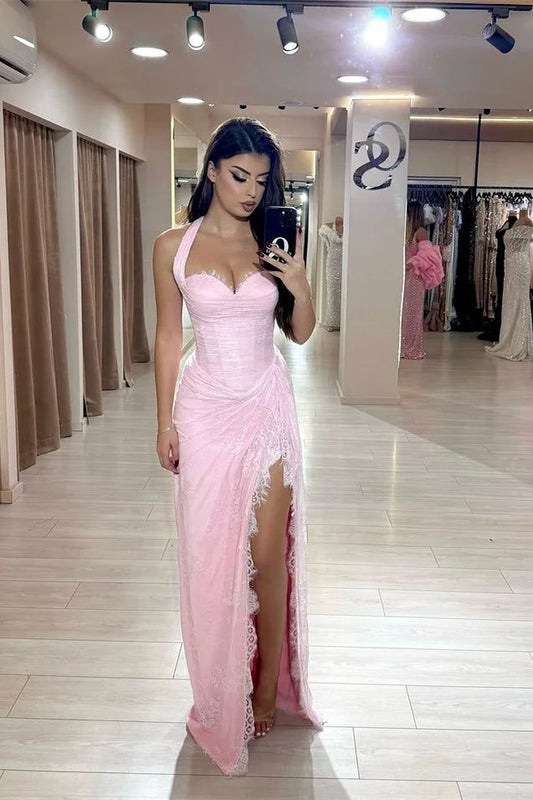Beautiful Pink Sweetheart Halter Sleeveless Lace Prom Dress Mermaid With Side Split Graduation Dress B551