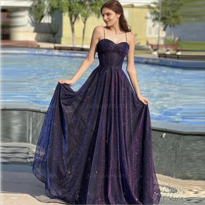 Sparkly Tulle Prom Dresses for Women Long Corset A Line Spaghetti Straps Glitter Formal Gowns Inspo Evening Dress AB705