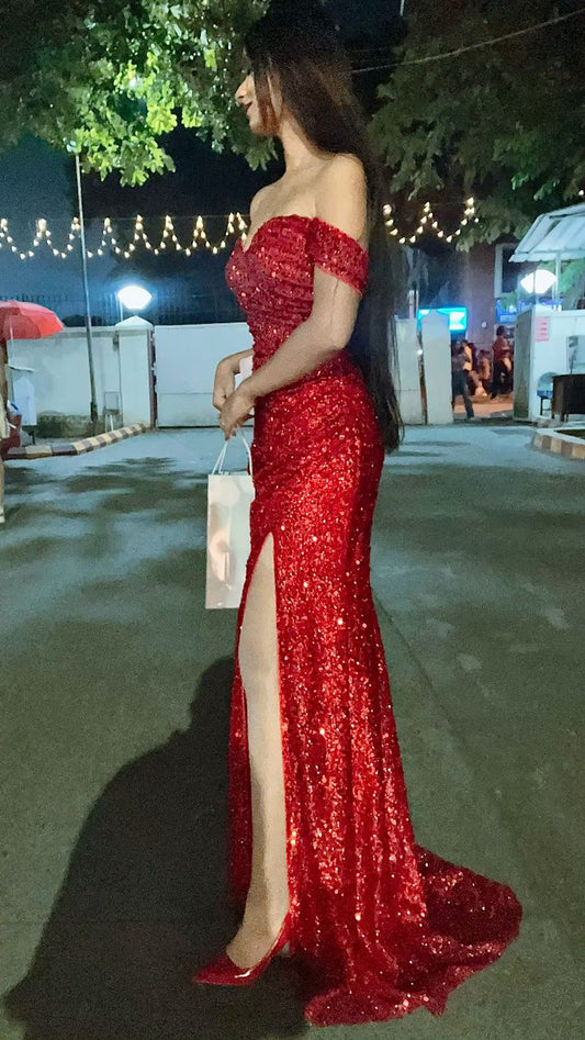 Luxurious Mermaid Off The Shoulder Red Sequin With Slit 2026 Prom Dress 16 Birthday Party Dress For Women Formal Gown AB1189