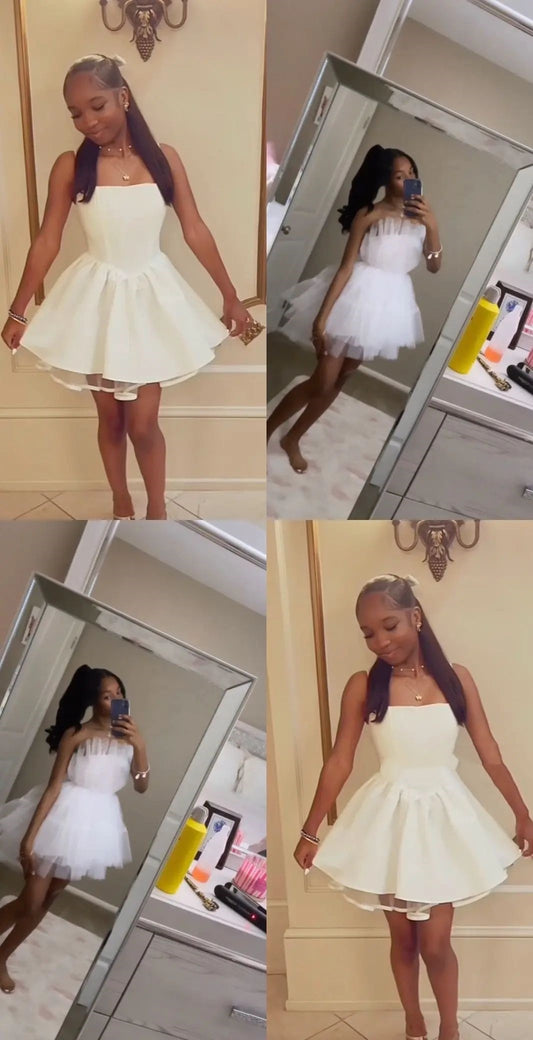 Cute Ball Gown Strapless White Matric Mini Graduation Hoco Dresses Short Senior Homecoming Outfits RB3634