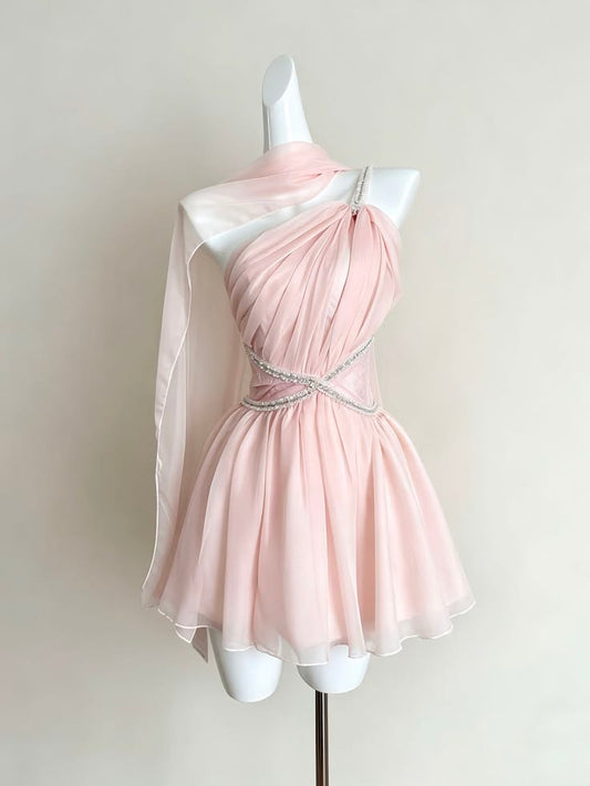 Unique Homecoming Dresses Outfit inspo A Line One Shoulder Pink Chiffon 16th Birthday Cocktail Dress Ideas Outfits RB8020