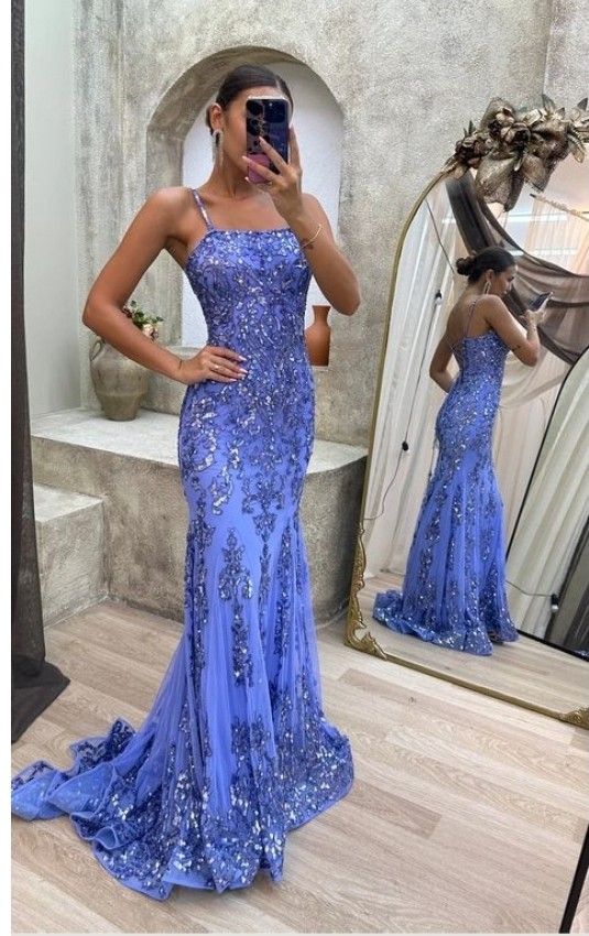 Glitter Blue Spaghetti Straps With Sequined Long Prom Dresses Mermaid Bodycon For Women N4115