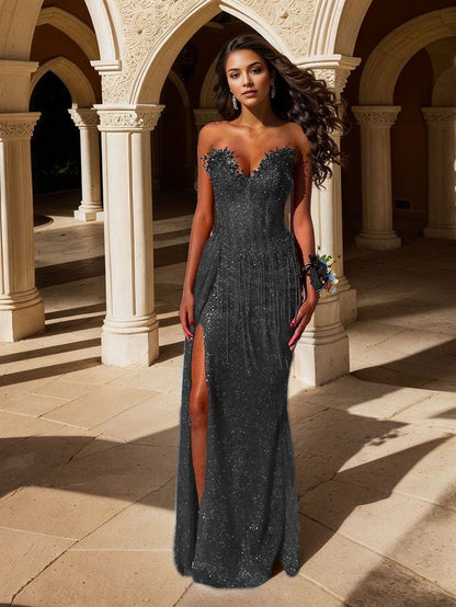 Red Strapless Beaded Fringe Waist Sequin Prom Dress with High Slit For Women AB1546