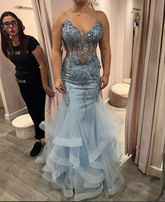 Blue Tulle Lace Party Dress Mermaid Spaghetti Straps Long Sexy Prom Dresses Evening Gowns AB1571