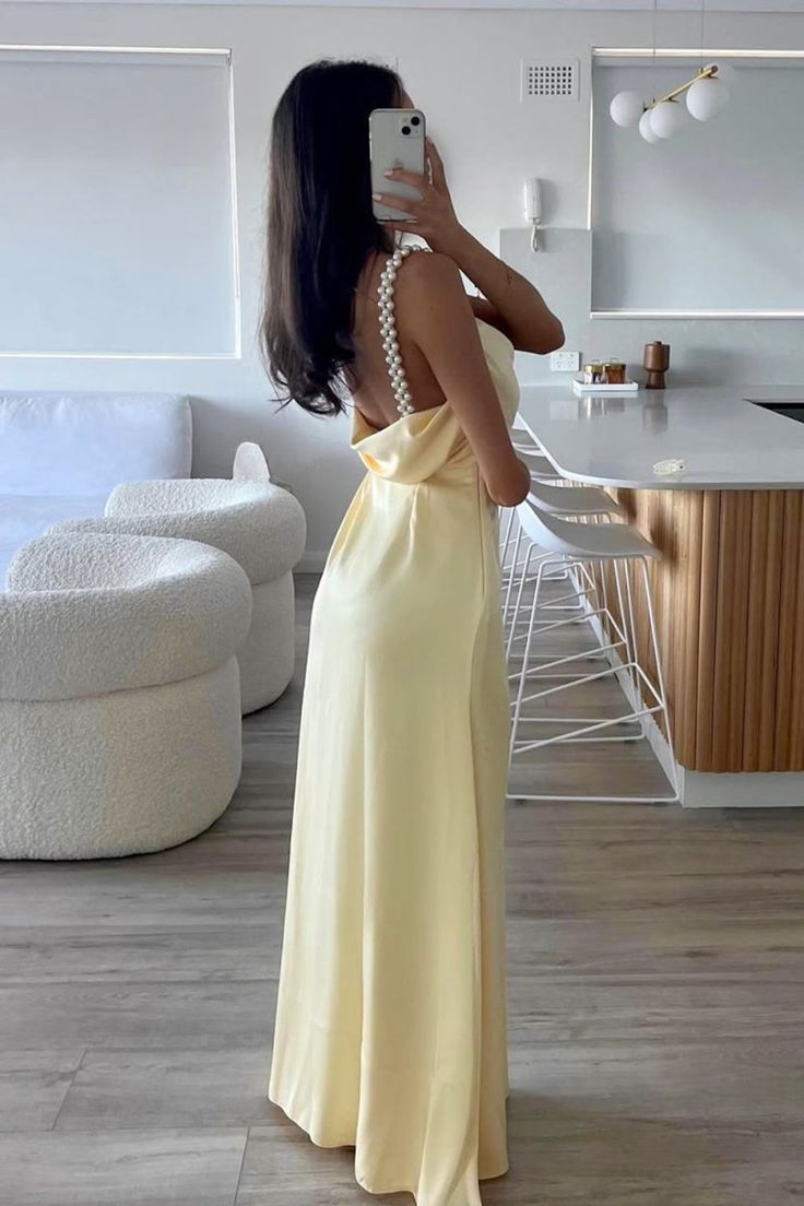 Sheath Spaghetti Straps Satin Long Prom Dresses With Pearls For Women AB1549