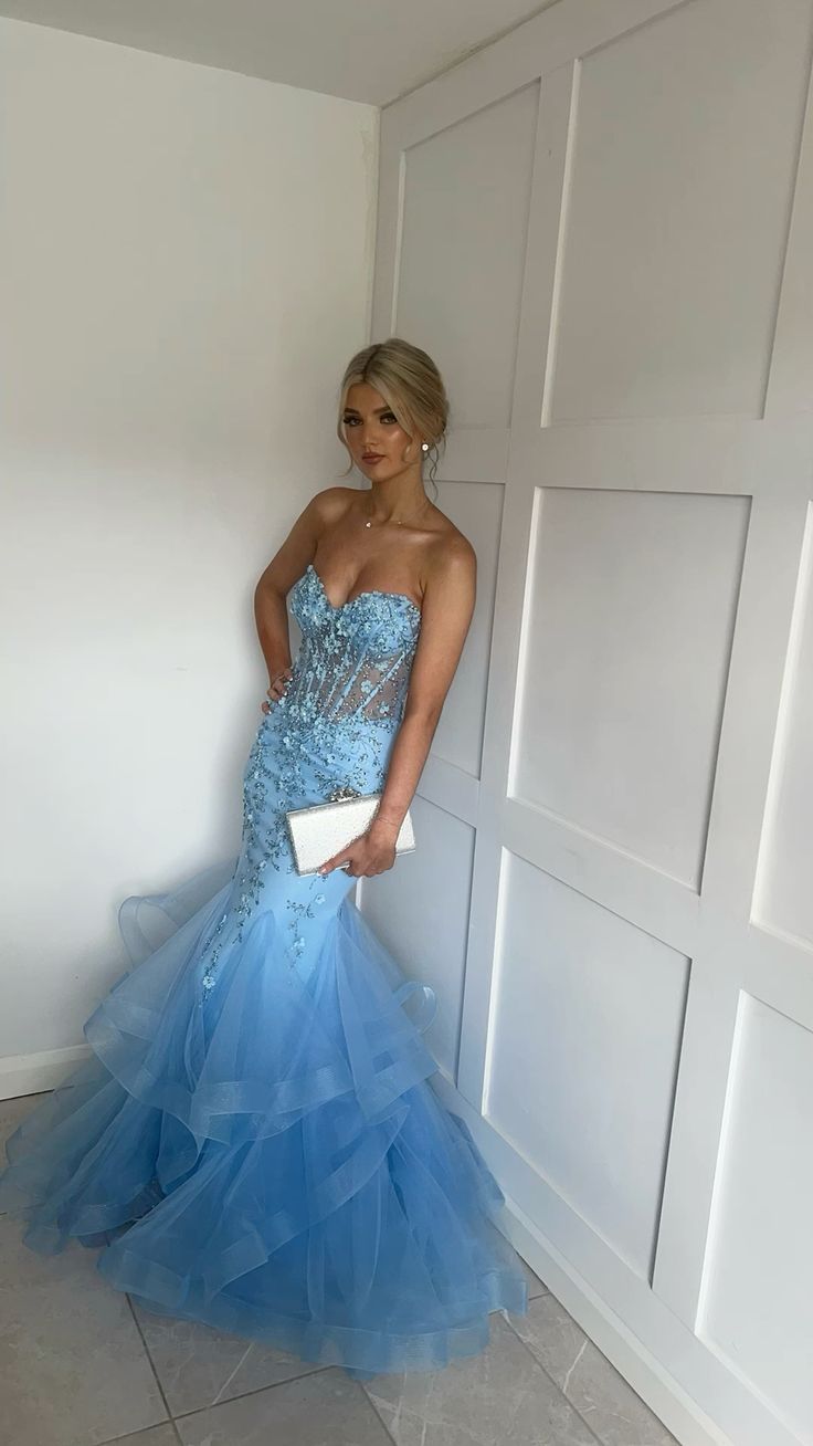 Floral Mermaid Sky Blue Prom Dress Strapless Long Formal Dress Evening Dress AB1567