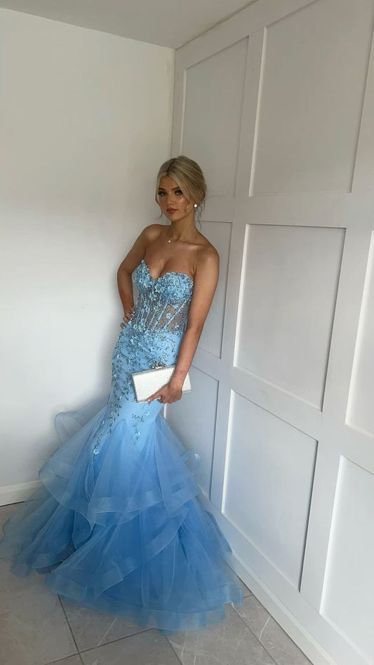 Floral Mermaid Sky Blue Prom Dress Strapless Long Formal Dress Evening Dress AB1567