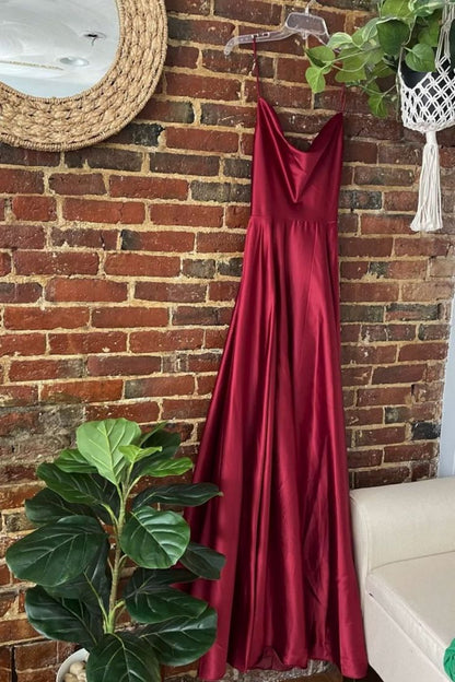 Simple A Line Burgundy Satin Long Prom Dresses with High Slit Inspo Evening Dress AB704