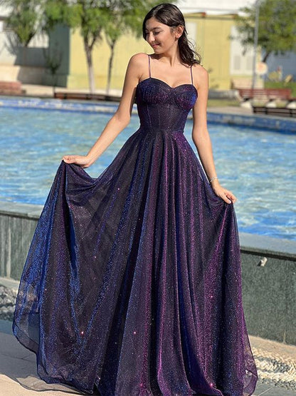 Sparkly Tulle Prom Dresses for Women Long Corset A Line Spaghetti Straps Glitter Formal Gowns Inspo Evening Dress AB705