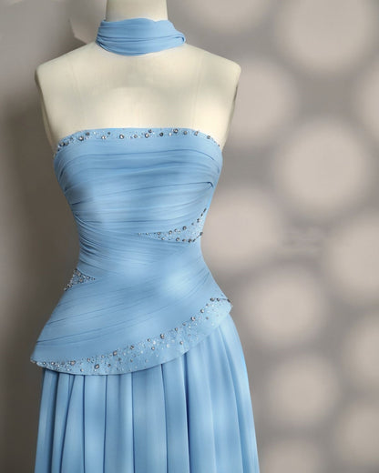 Elegant A line Strapless Blue Evening Dress Women Party Long Formal Dresses Prom 16 Birthday Party Ladies Gown AB1222