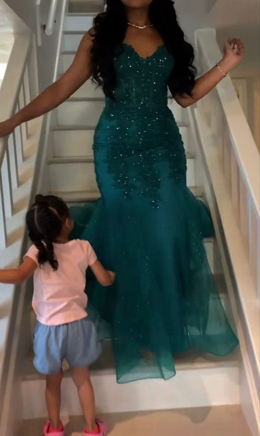 Dark Green Mermaid Tulle Lace Prom Dress Winter Gown Semi Formal Grad Long Prom Dress For Teens AB1994