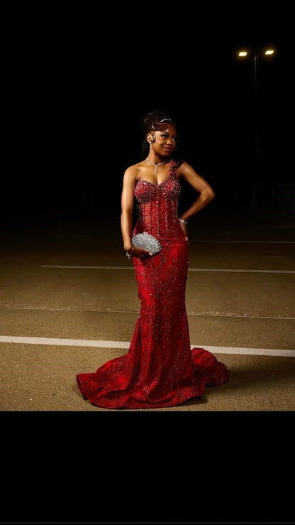 Sexy Mermaid One Shoulder Burgundy Sequin Formal Gown 23rd Birthday Dress Prom Dresses Black Girl 20th Birthday Outfits For Teens AB2000