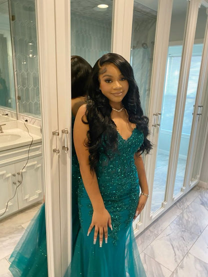 Dark Green Mermaid Tulle Lace Prom Dress Winter Gown Semi Formal Grad Long Prom Dress For Teens AB1994