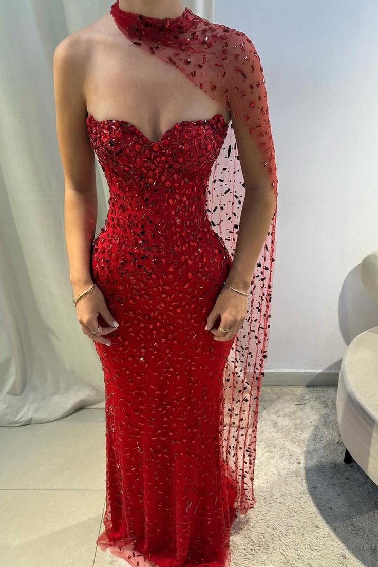 Gorgeous Red Sweetheart Mermaid Prom Dresses Sleeveless Strapless With Gem Semi Formal Grad Long Prom Dress For Teens AB1998