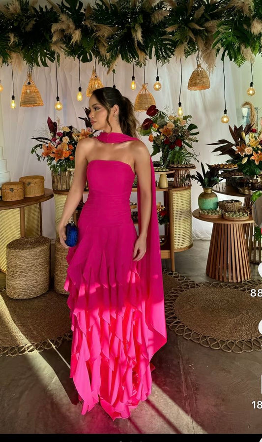 Gorgeous Hot Pink Strapless Sleeveless Chiffon Prom Dresses Ruffles Sheath Prom Gown AB210