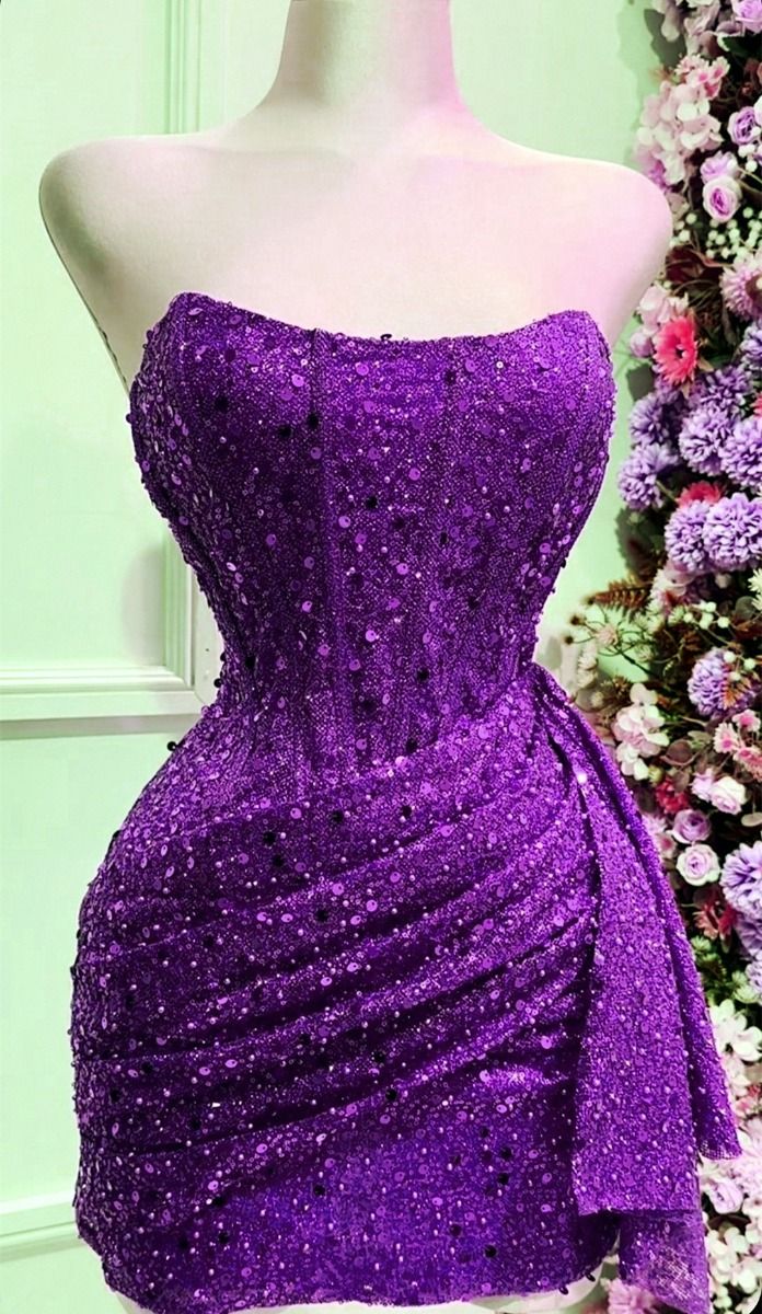 Fancy Sheath Strapless Grape Sequined With Ruffled Mini Senior Inspo Short Homecoming Dresses RB3001