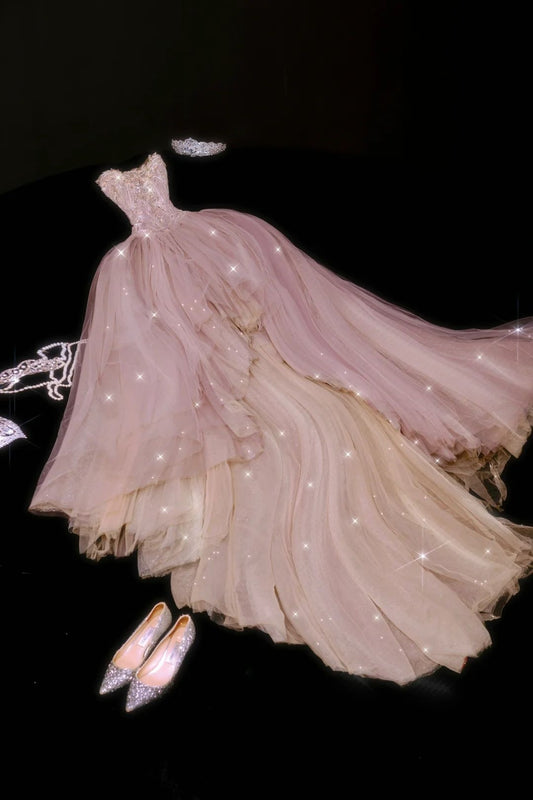 Cute Ball Gown Strapless Light Pink Tulle Long Quinceanera Dress Birthday Luxury Sweet 15 16 Birthday Outfits N106