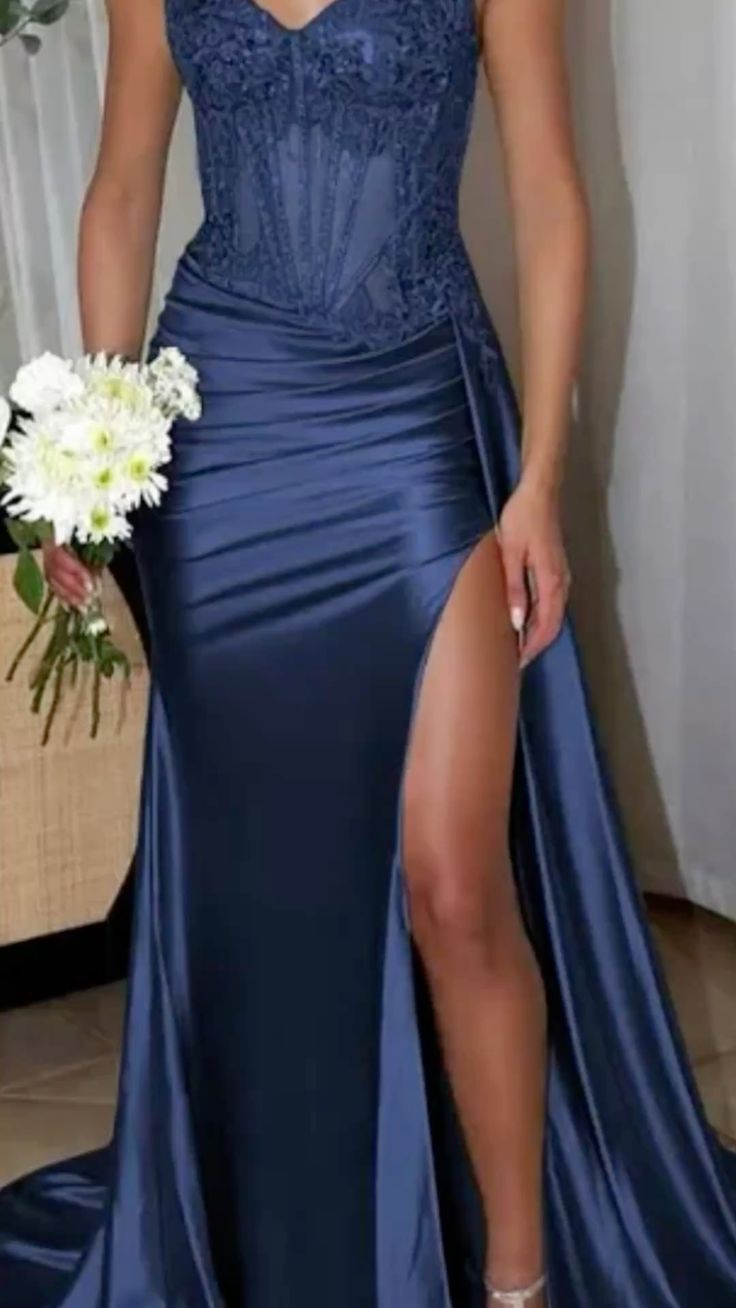 Mermaid Spaghetti Straps Formal Evening Party Gown with Slit for Women AB1621